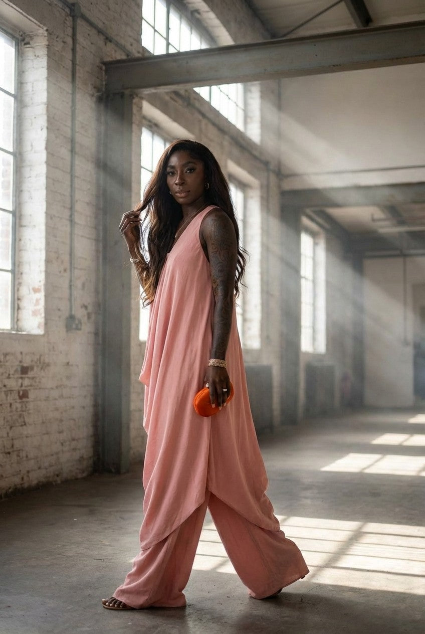 Women's Elegant Draped Blouse and Wide Leg Pants Set Minimalist Chic