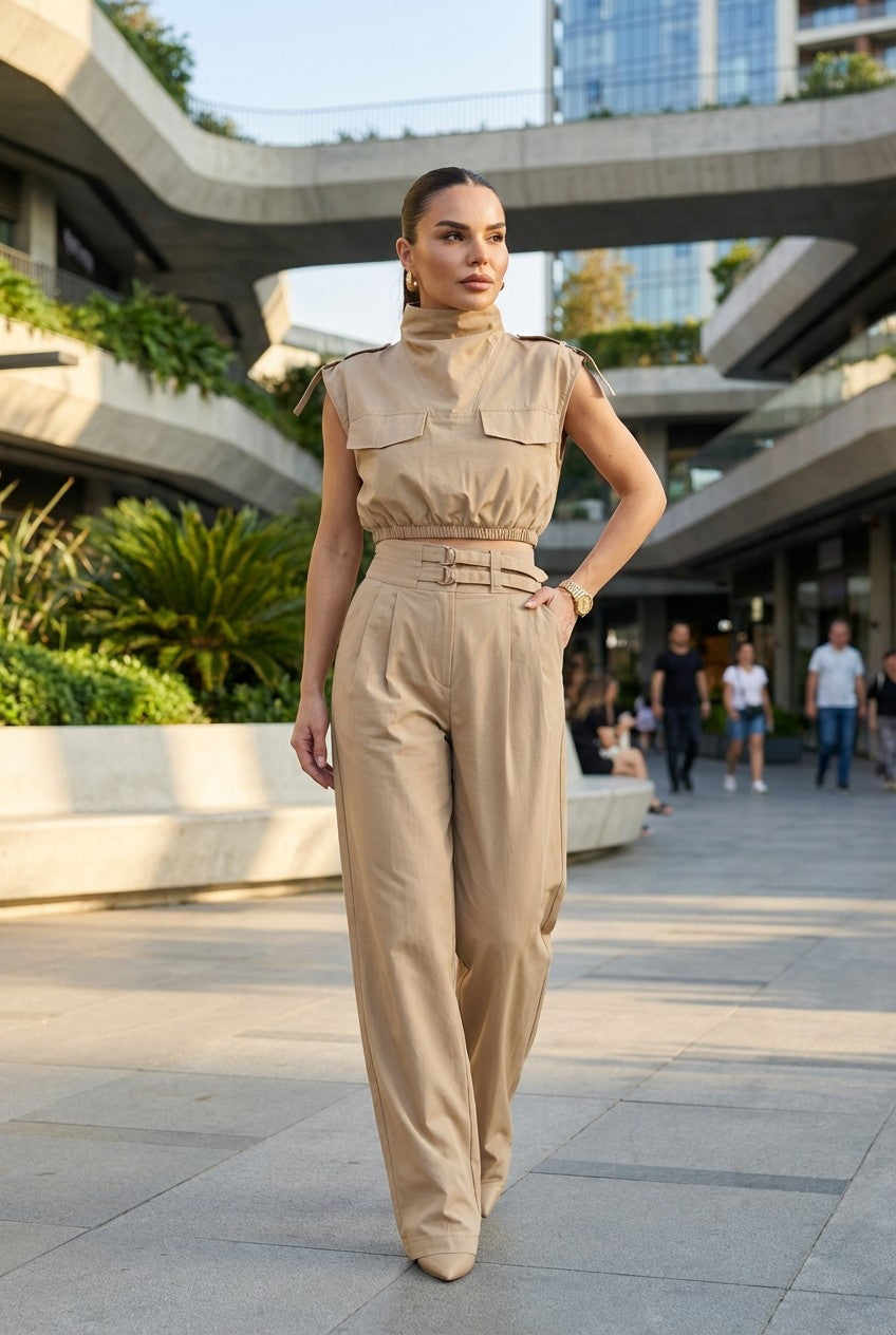 Women's Utility Cotton Cropped Top and Wide Leg Trousers Set Minimalist