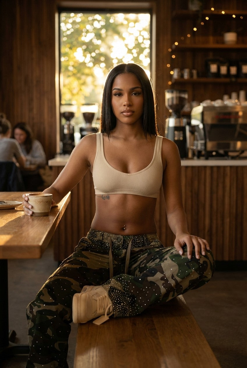 Women's Rhinestone Camo Cargo Pants, Wide Leg Streetwear