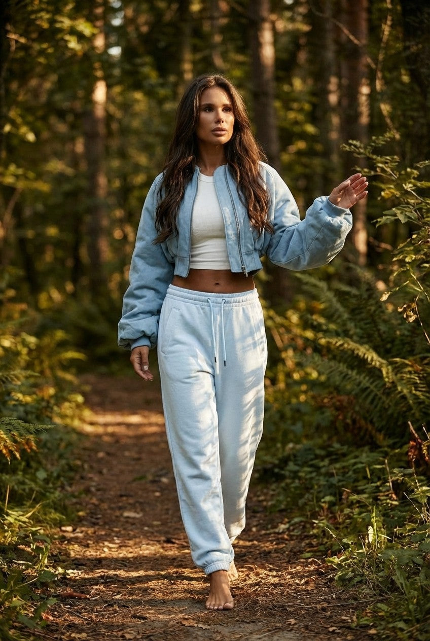 Women's Soft Cropped Bomber Jacket and Joggers Set, Sky Blue