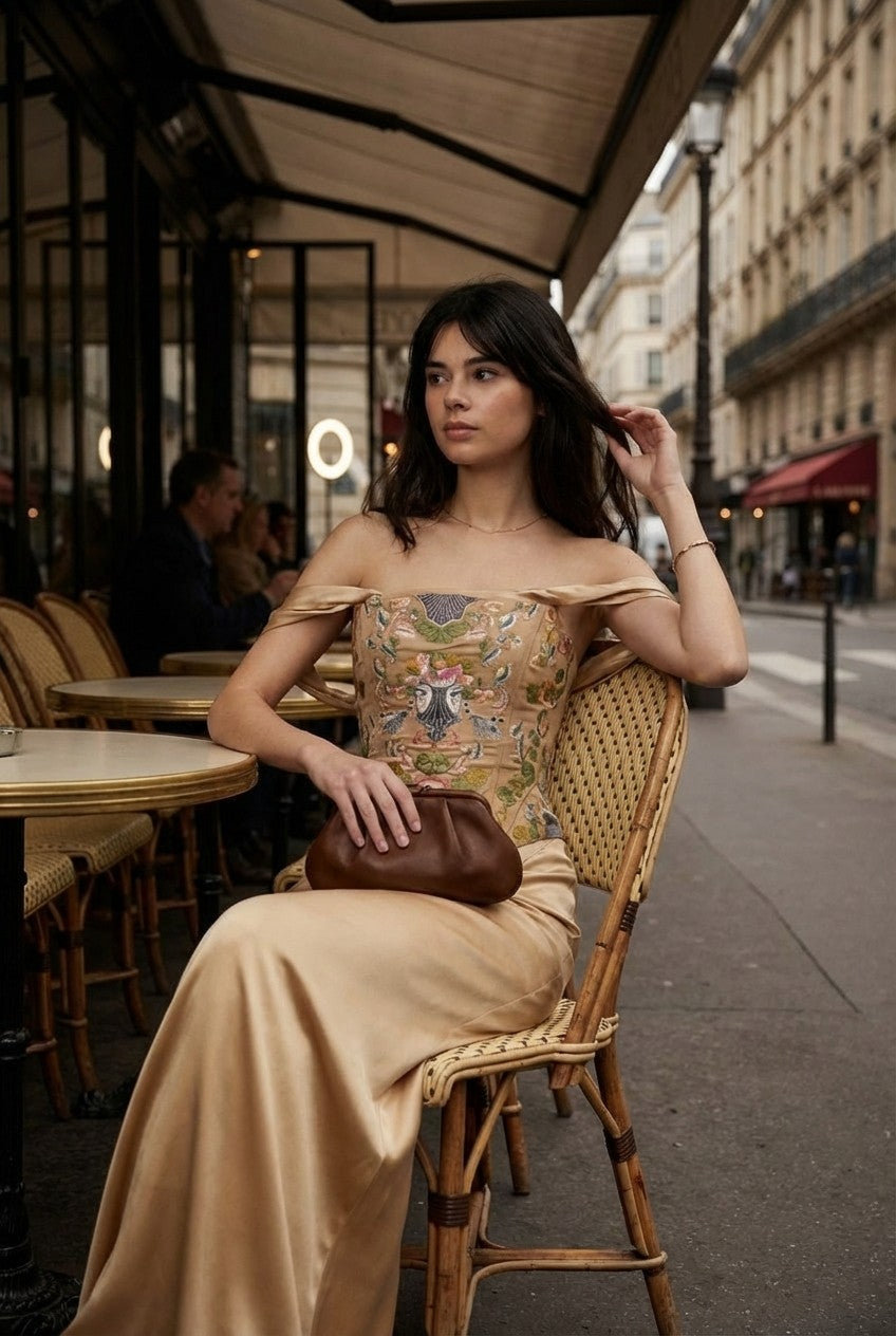 Women's Elegant Floral Embroidered Satin Corset Gown with Draped Sleeves