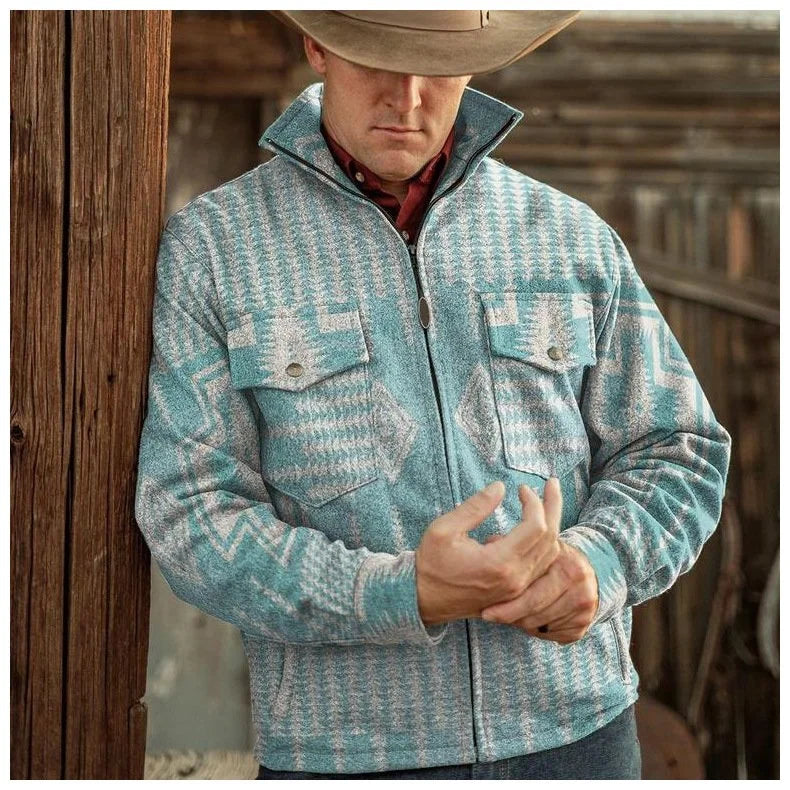 Slim fit Lapel print men's coat European and American style leisure retro wool jacket