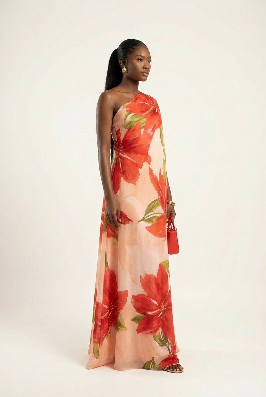 Women's Elegant Floral Chiffon One-Shoulder Maxi Dress, Flowing Evening Gown