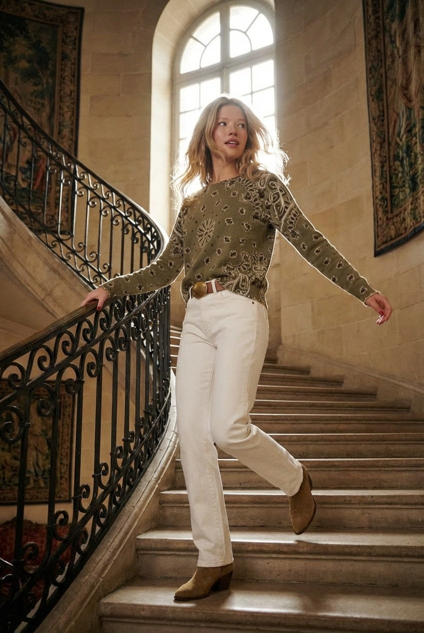 Women's Bandana Print Intarsia Knit Sweater Relaxed Western Vibe