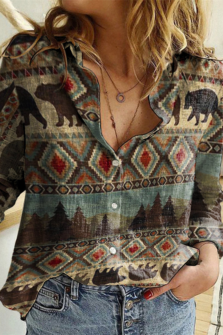 Vintage Western Print Lapel Long Sleeve Shirt