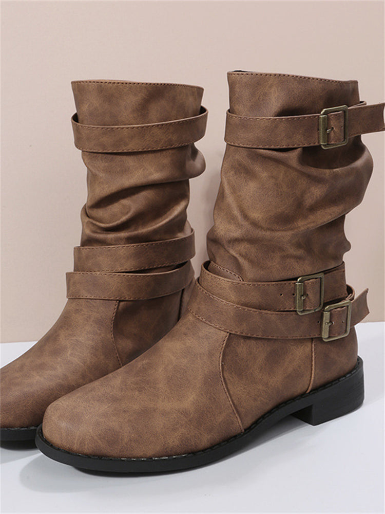 Vintage Buckles Stacked Calf Boots