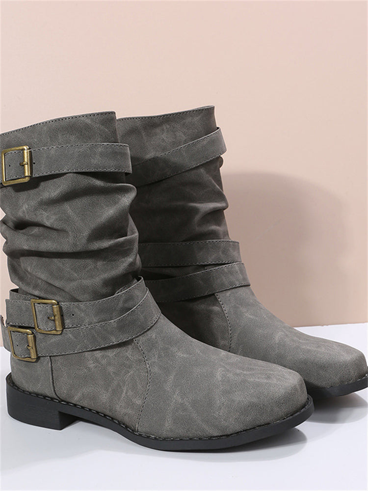 Vintage Buckles Stacked Calf Boots