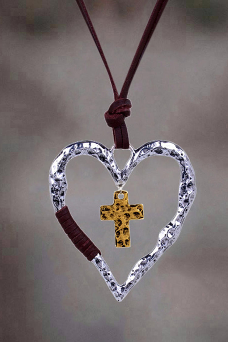 Cutout Heart Cross Leather Rope Necklace