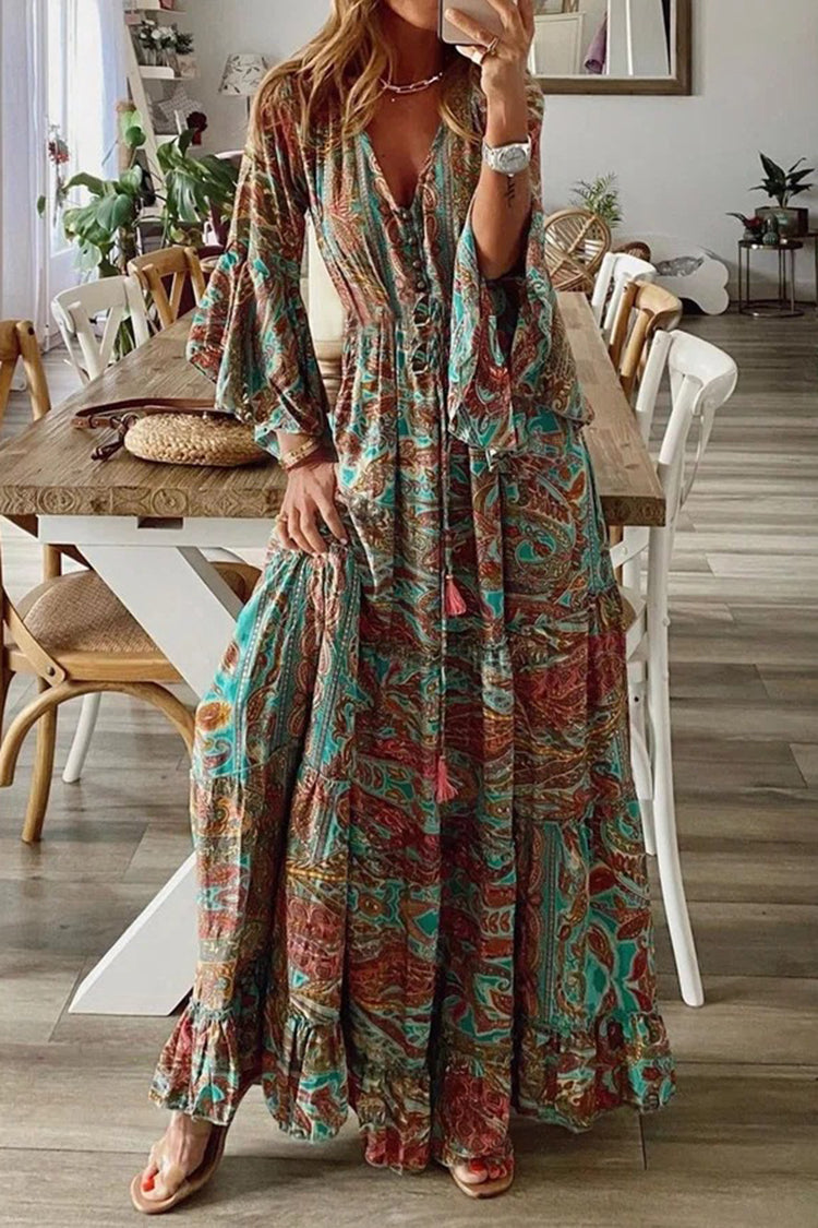 Women‘s Boho Floral Pattern Flared Sleeve Maxi Dress