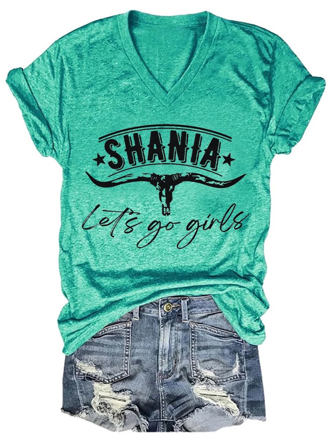 Women's Shania Bull Skull Western Print V Neck T-Shirt