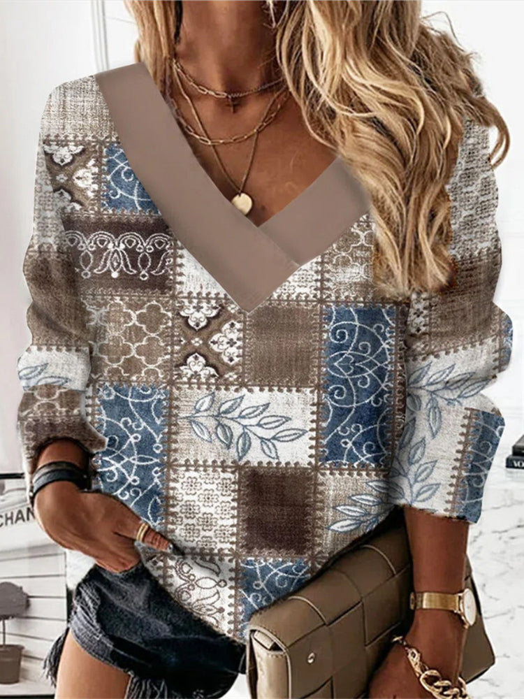 Vintage Geometric Print V-Neck Long Sleeve Sweatshirt