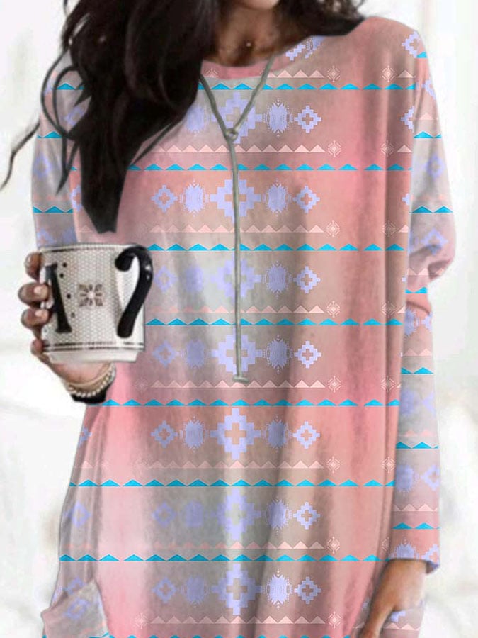 Vintage Western Pink Gradient Geometric Print Dress