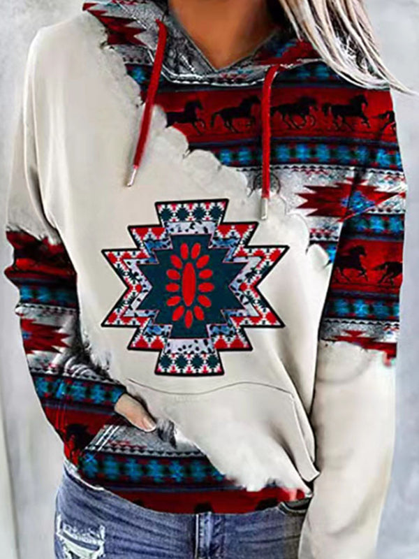 Wisherryy Western Horses Aztec Printed Hoodie