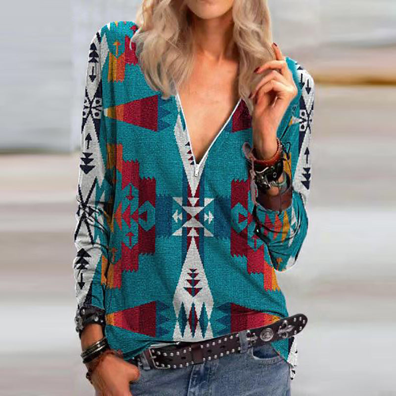 Wisherryy V-Neck Geometric Print Zipper Long-Sleeved T-Shirt