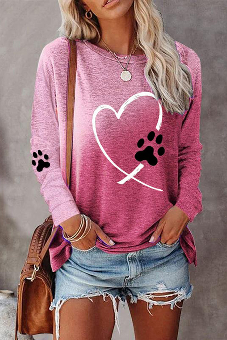 Heart Paw Gradient Print Long Sleeve T-Shirt