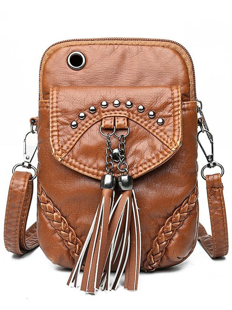 Tassels Studded Flap Mini Crossbody Bag