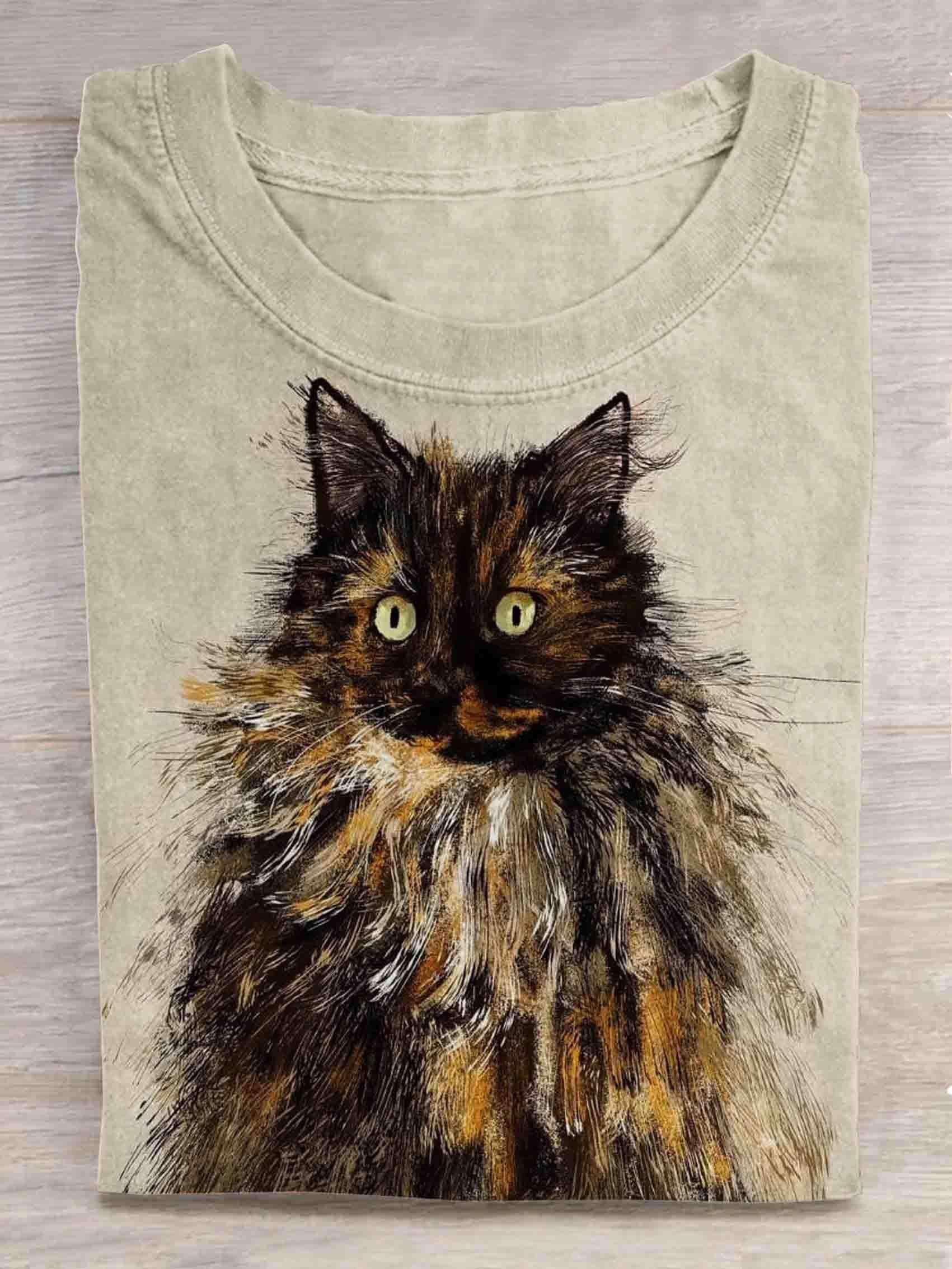 Brown Cat Art Print Casual T-Shirt - Solid