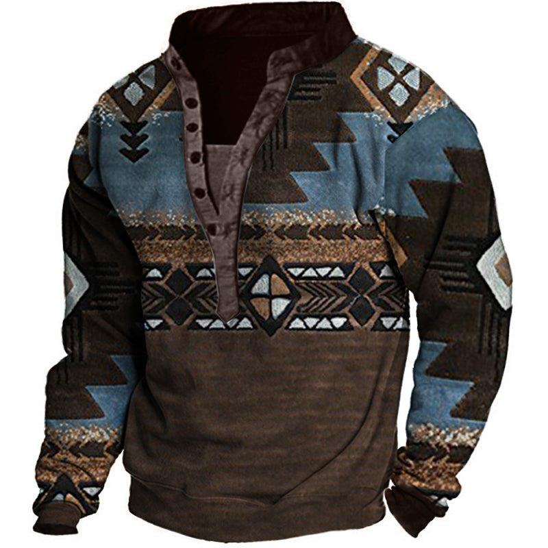 Men's Ethnic Print Henley Collar Sweatshirt