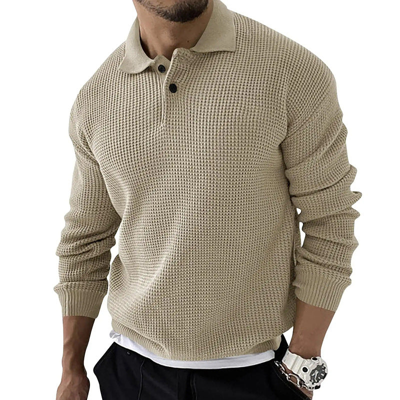 Men's Vintage Long Sleeve Pol Casual Quarter Button Up Lapel Collar Fall Winter O Sweater