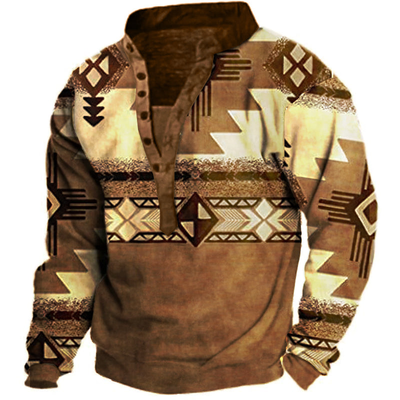 Men's Ethnic Print Henley Collar Sweatshirt