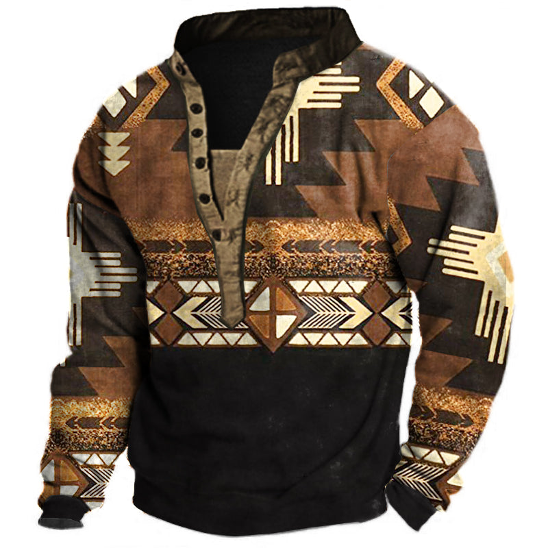 Men's Ethnic Print Henley Collar Sweatshirt