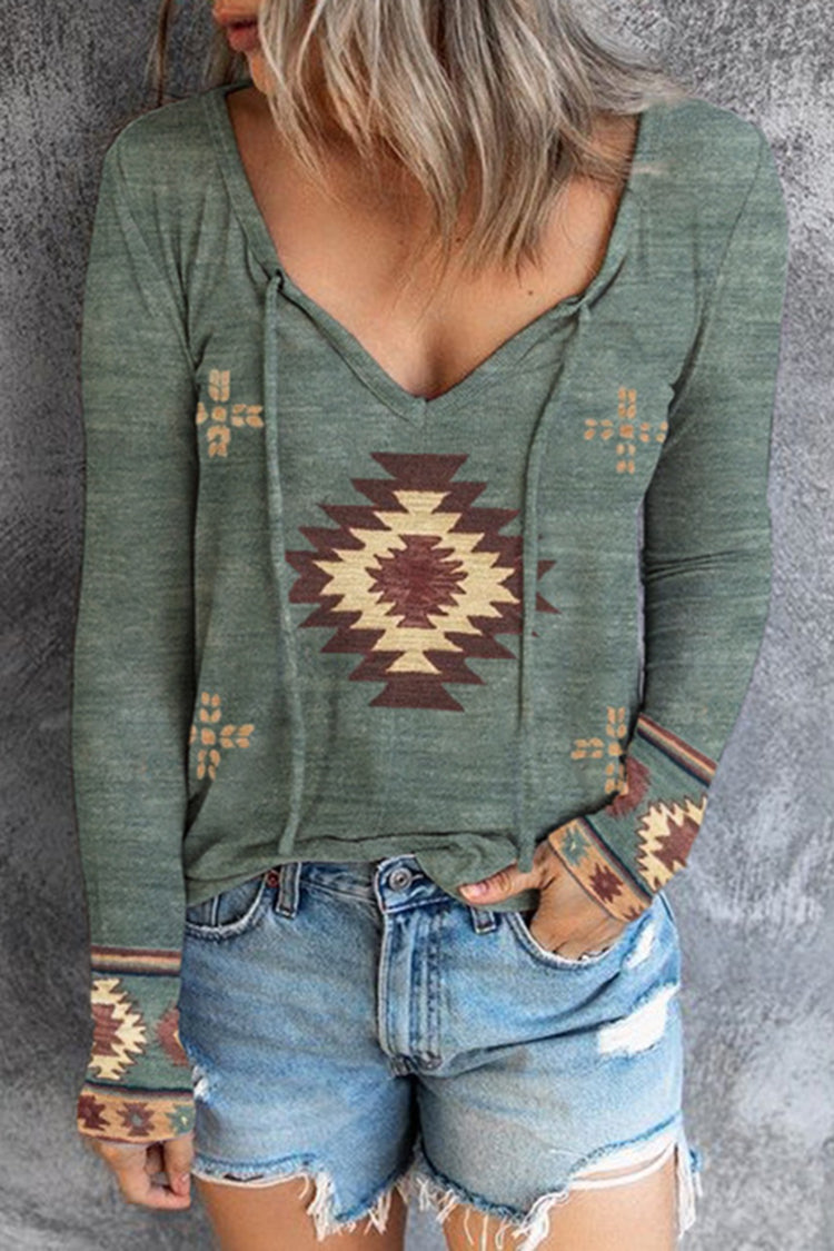 Western Ethnic Print Casual Long Sleeve T-Shirt