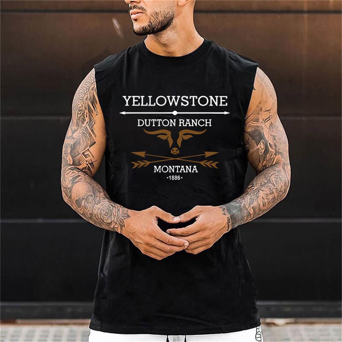 Men's Tank Top Western Yellowstone Print Street Trend Summer Casual Loose Top Khaki Black White Blue Green