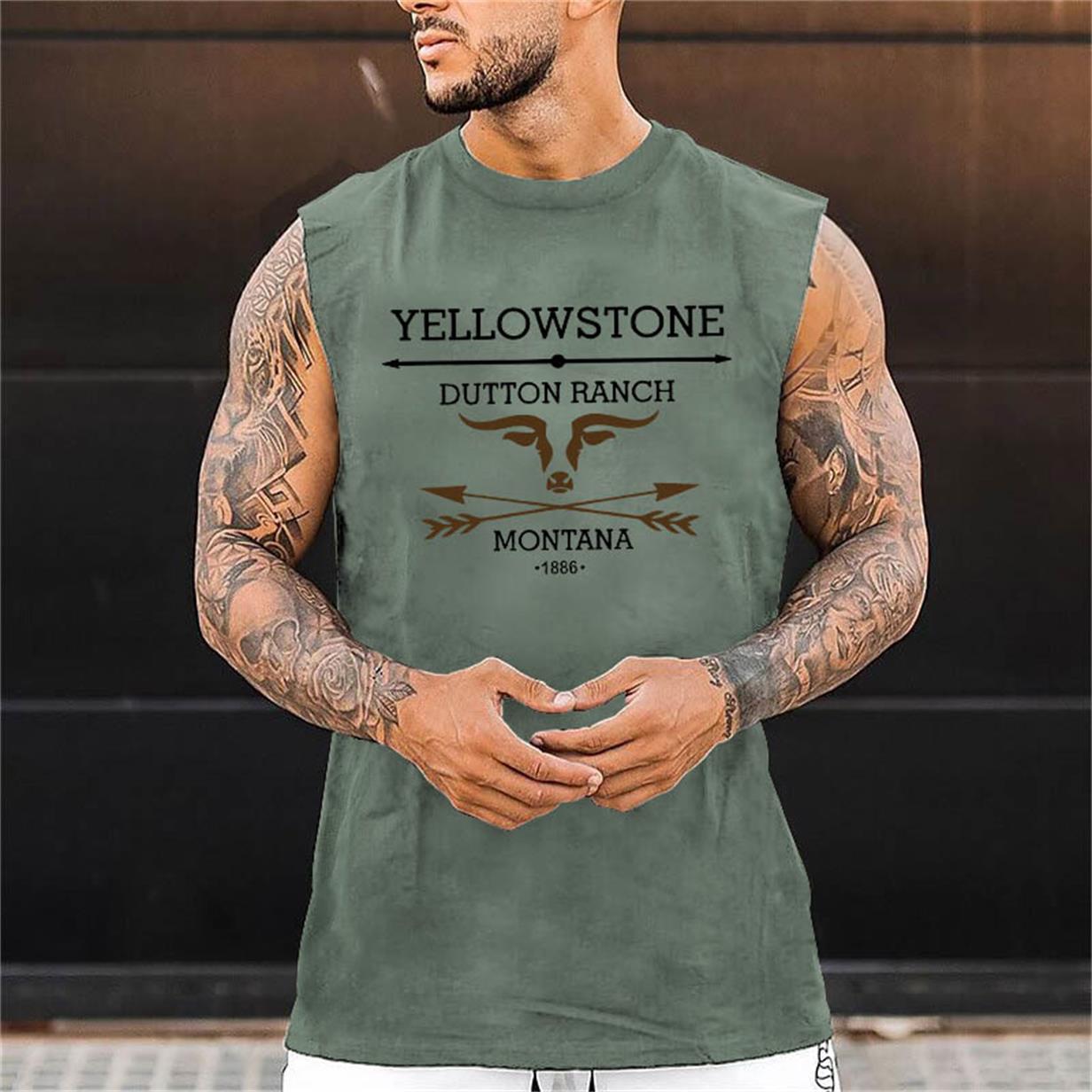 Men's Tank Top Western Yellowstone Print Street Trend Summer Casual Loose Top Khaki Black White Blue Green