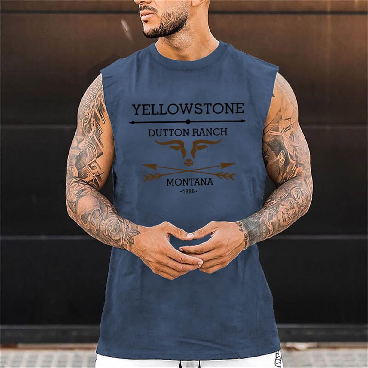 Men's Tank Top Western Yellowstone Print Street Trend Summer Casual Loose Top Khaki Black White Blue Green