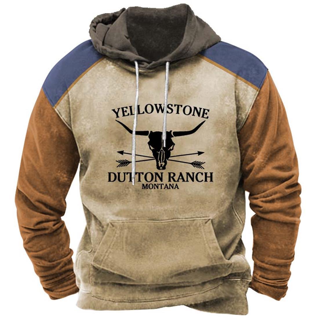 Men's Hoodie Vintage Yellowstone Pocket Long Sleeve Plus Size Colorblock Daily Tops Khaki