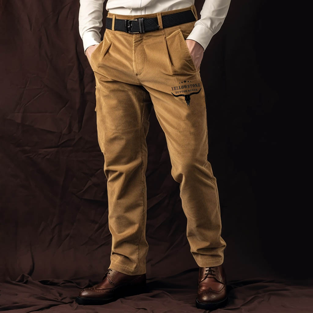 Men's Pants Vintage Corduroy Yellowstone Skull Bull Pockets Outdoor Casual Daily Work Trousers Khaki