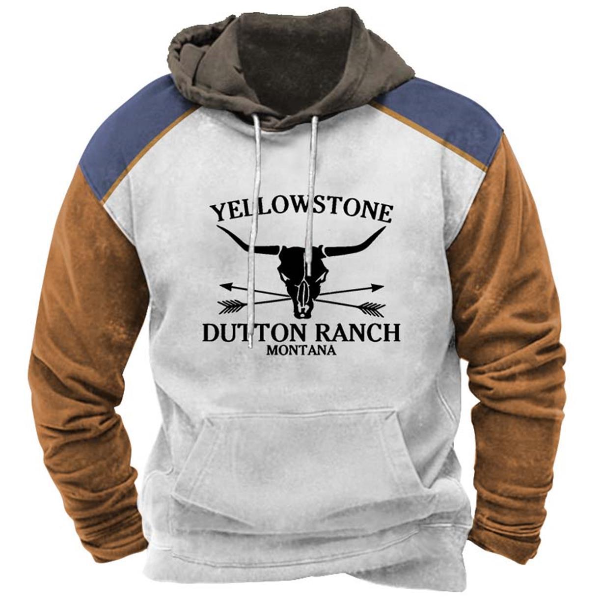 Men's Hoodie Vintage Yellowstone Pocket Long Sleeve Plus Size Colorblock Daily Tops Khaki