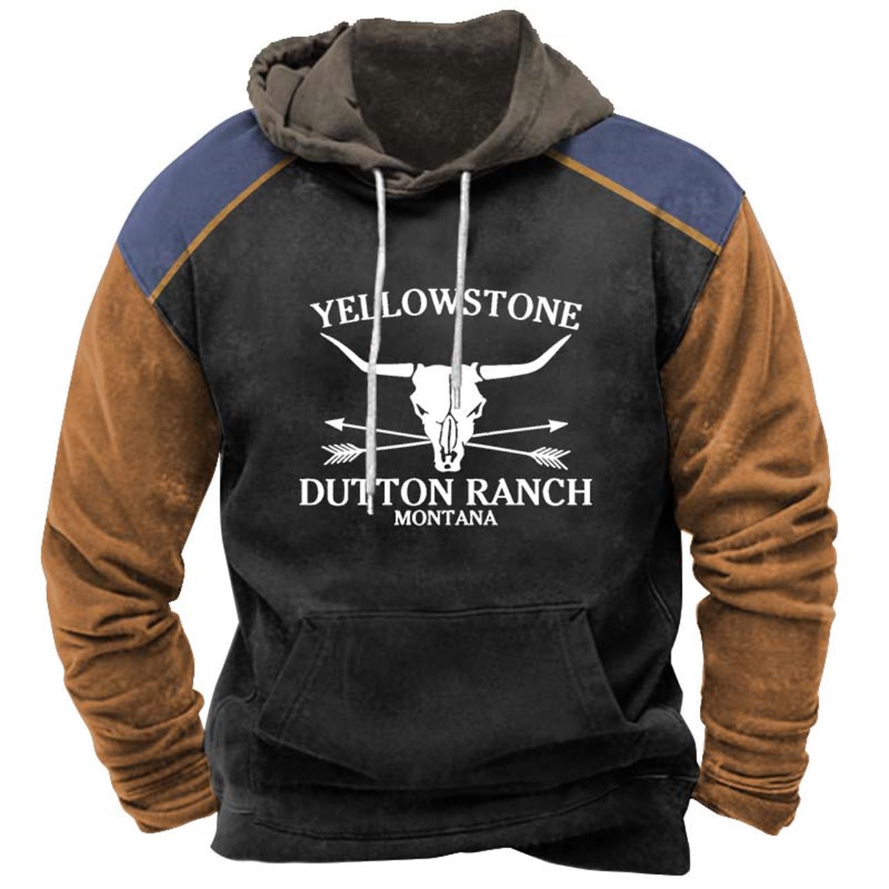 Men's Hoodie Vintage Yellowstone Pocket Long Sleeve Plus Size Colorblock Daily Tops Khaki