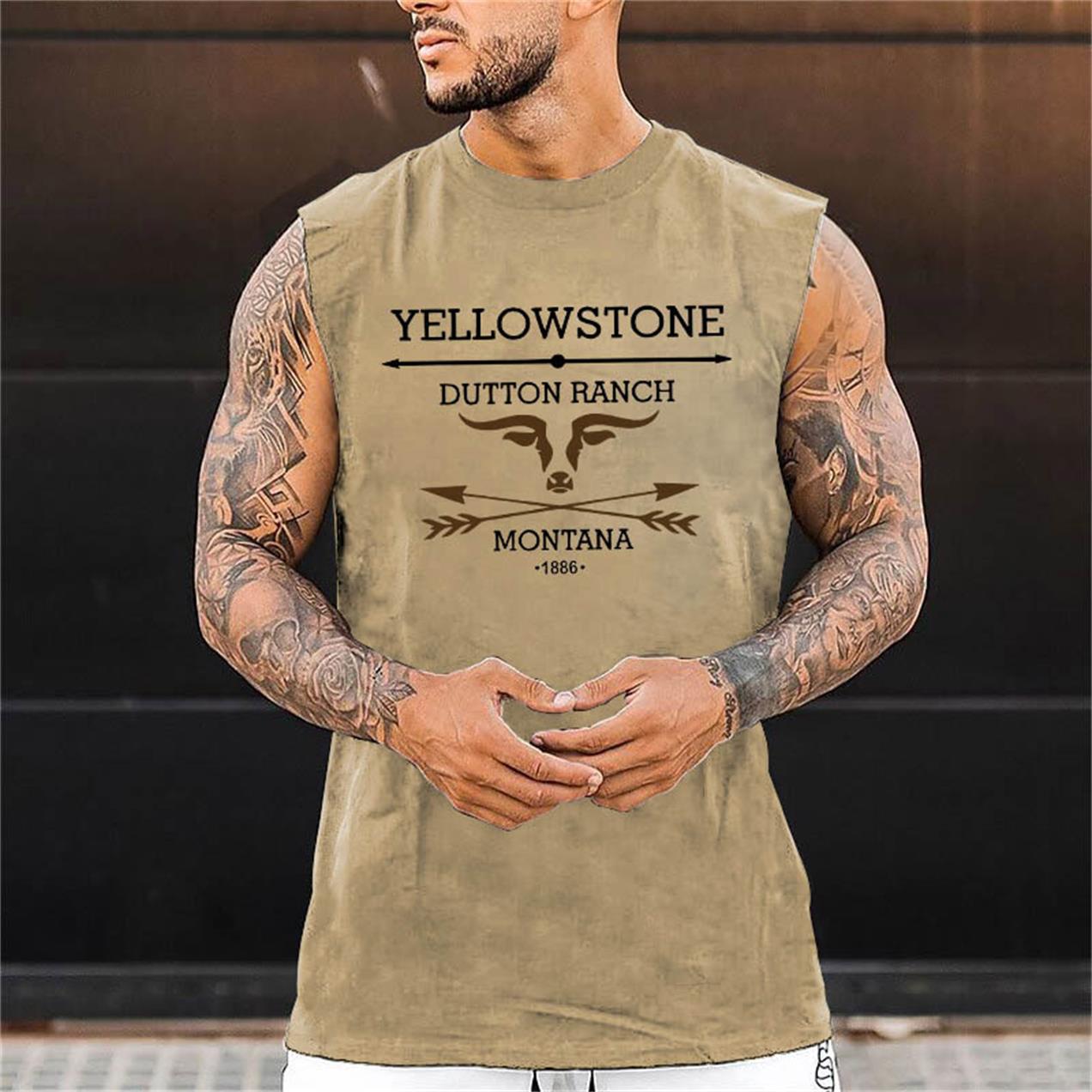 Men's Tank Top Western Yellowstone Print Street Trend Summer Casual Loose Top Khaki Black White Blue Green