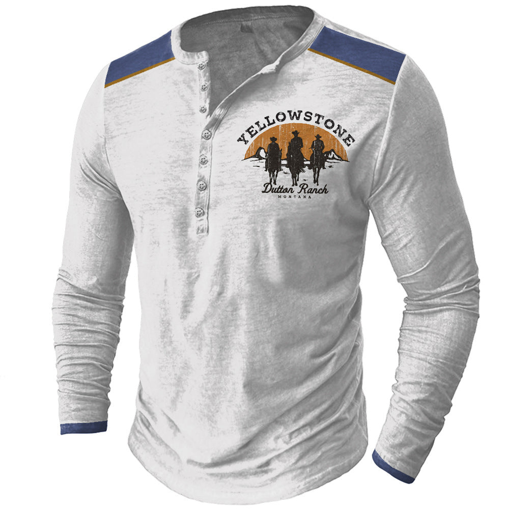 Men's Vintage Western Cowboy Yellowstone Henley Collar Long Sleeve T-Shirt