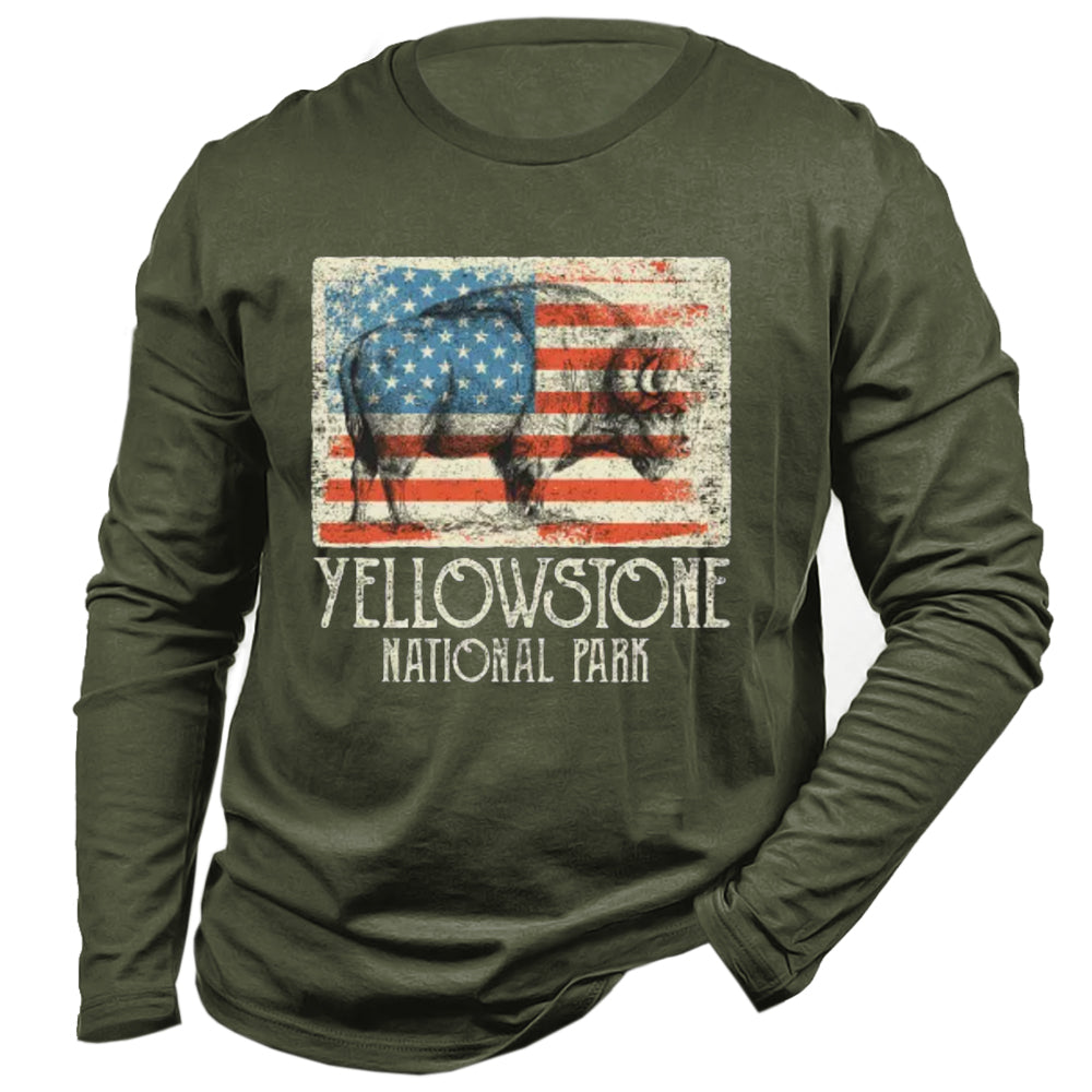 Men's Vintage American Yellowstone Print Cotton Long Sleeve T-Shirt