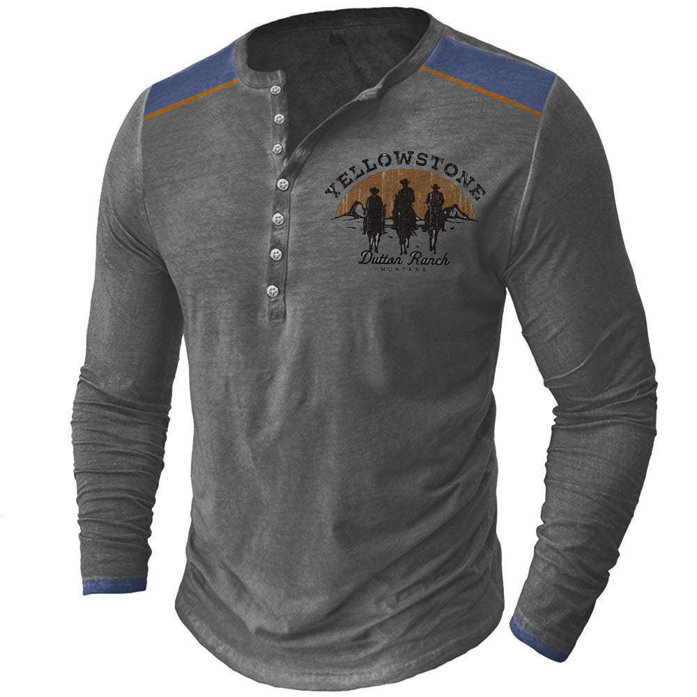 Men's Vintage Western Cowboy Yellowstone Henley Collar Long Sleeve T-Shirt