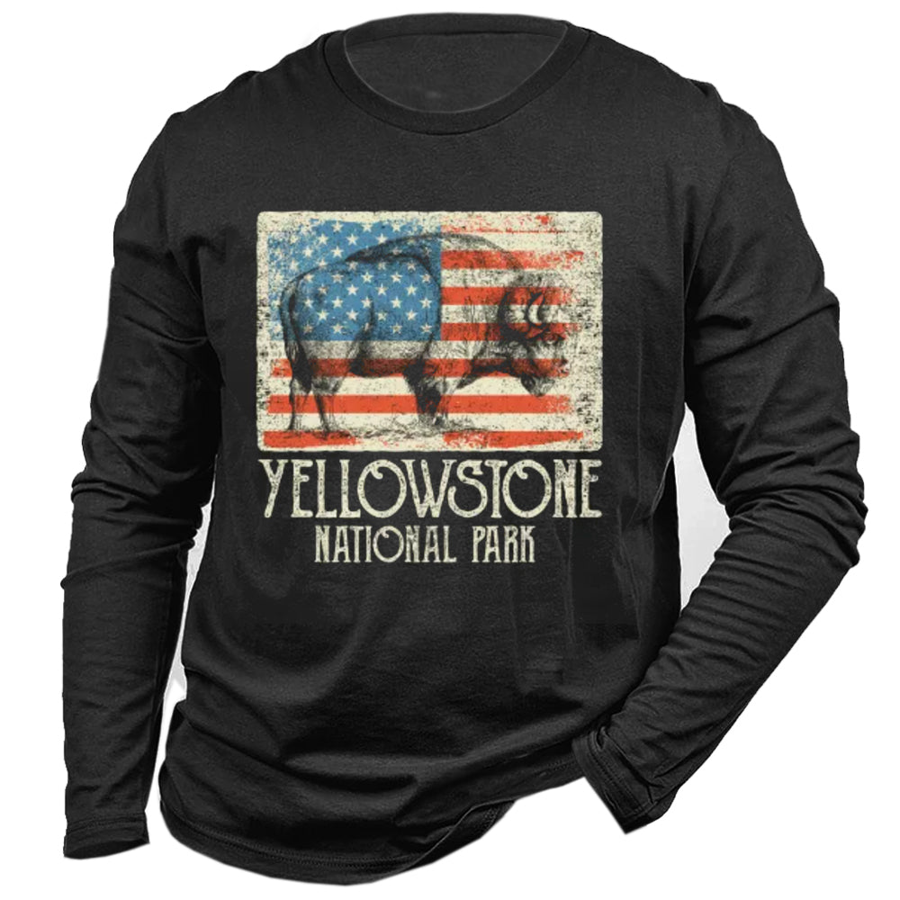 Men's Vintage American Yellowstone Print Cotton Long Sleeve T-Shirt