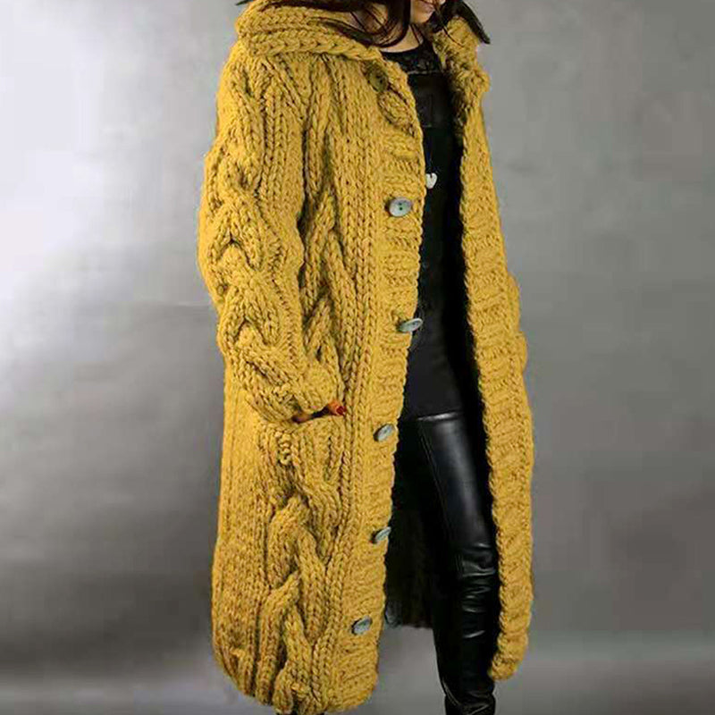 Hooded Solid Color Twist Thick Sweater Cardigan