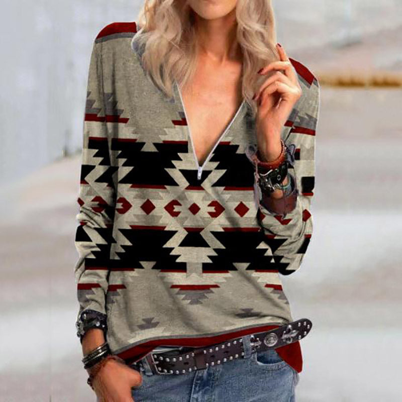 Wisherryy V-Neck Geometric Print Zipper Long-Sleeved T-Shirt