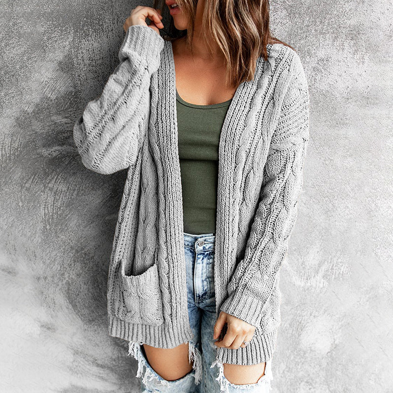 Pocket Mid Length Twist Knit Cardigan