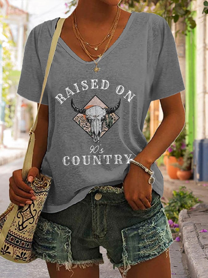 Women's Raised On 90's Country Print V-Neck Casual T-Shirt