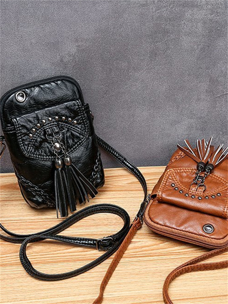 Tassels Studded Flap Mini Crossbody Bag