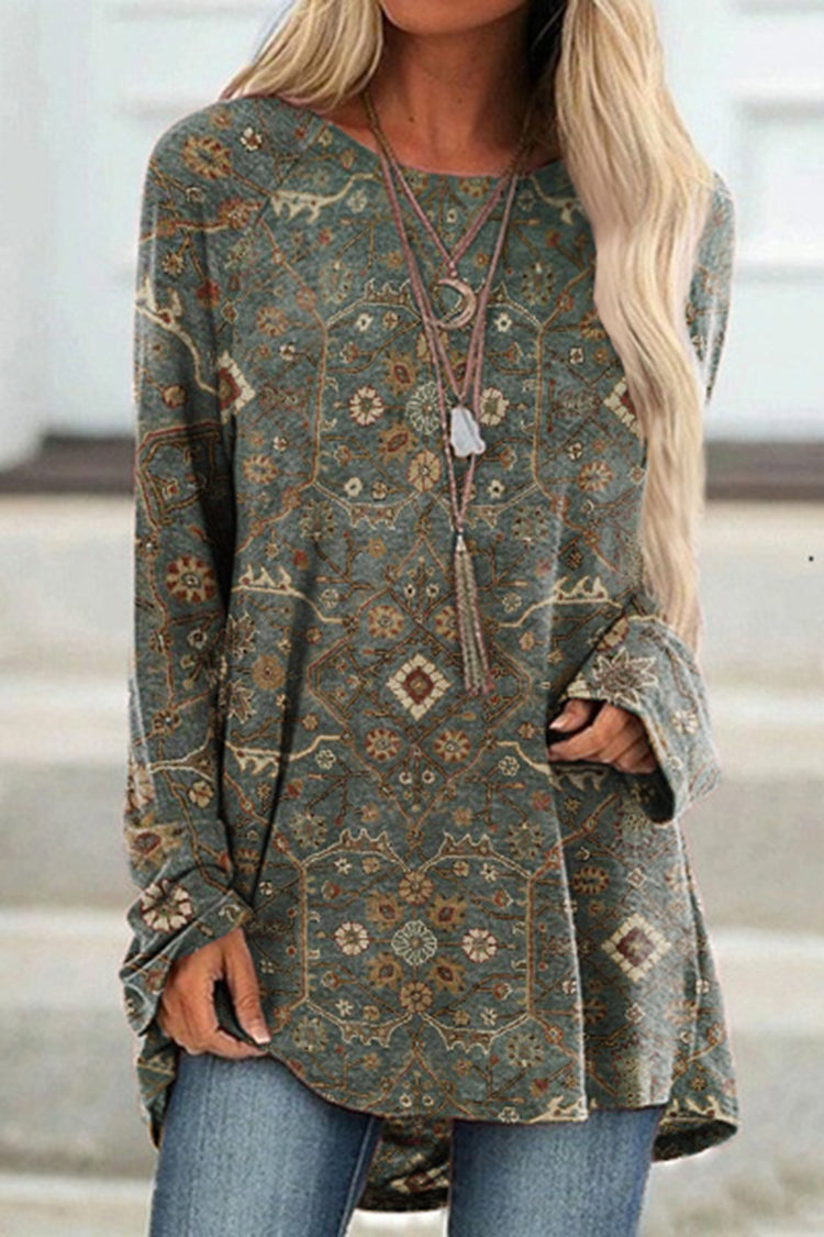 Vintage Print Crew Neck Long Sleeve Tunic