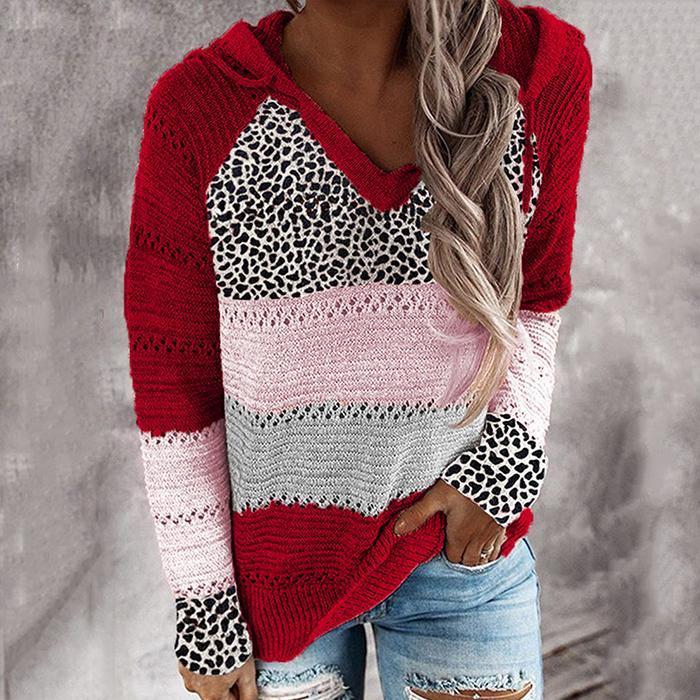 Wisherryy Fashion Hooded Leopard Stitched Knit Sweater