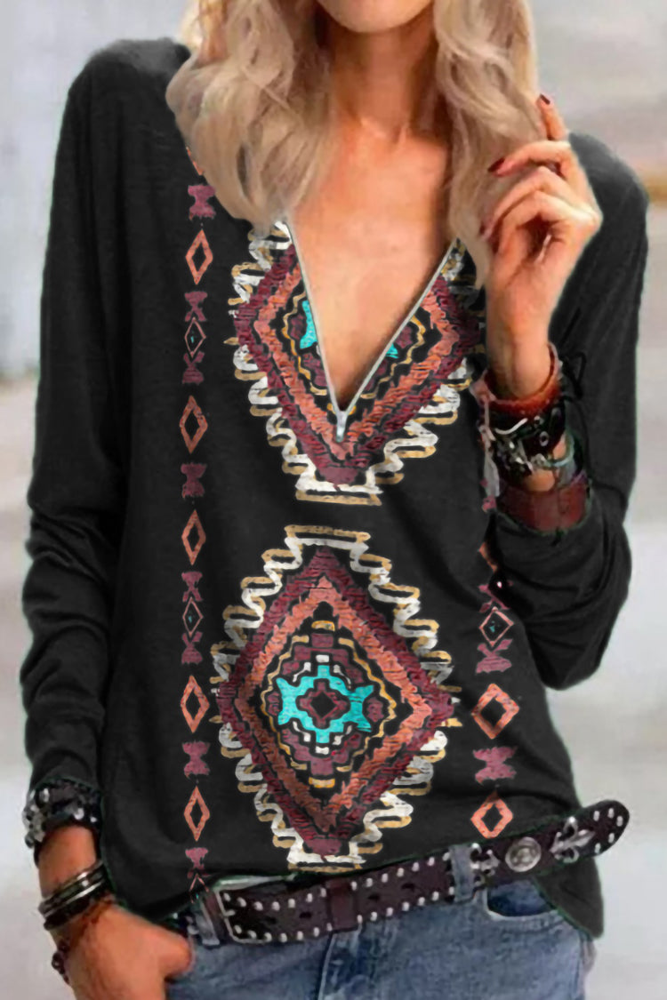 Wisherryy V-Neck Geometric Print Zipper Long-Sleeved T-Shirt