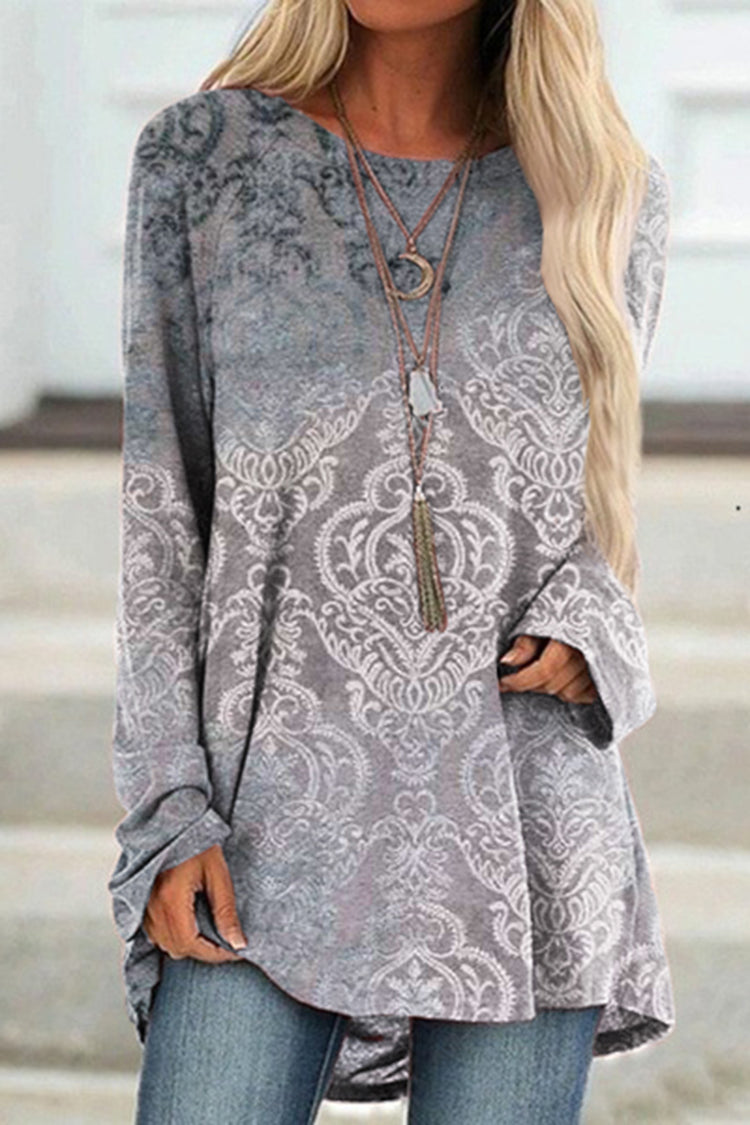 Vintage Print Long Sleeve Casual Tunic