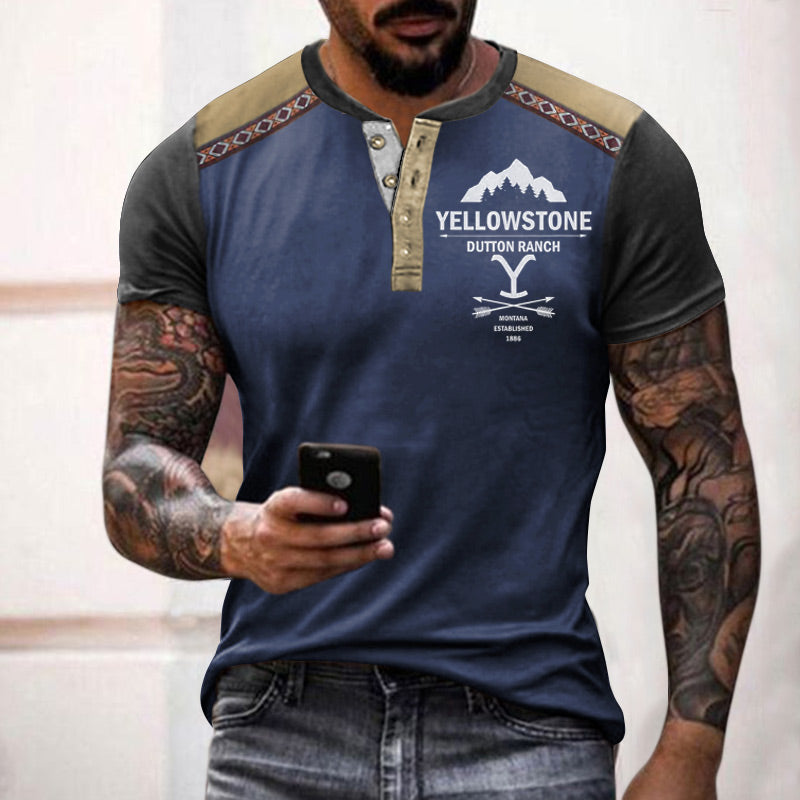 Men's Henley T-Shirt Yellowstone Ethnic Color Block Short Sleeve Summer Top