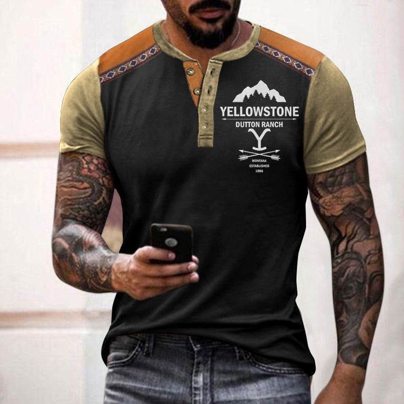 Men's Henley T-Shirt Yellowstone Ethnic Color Block Short Sleeve Summer Top