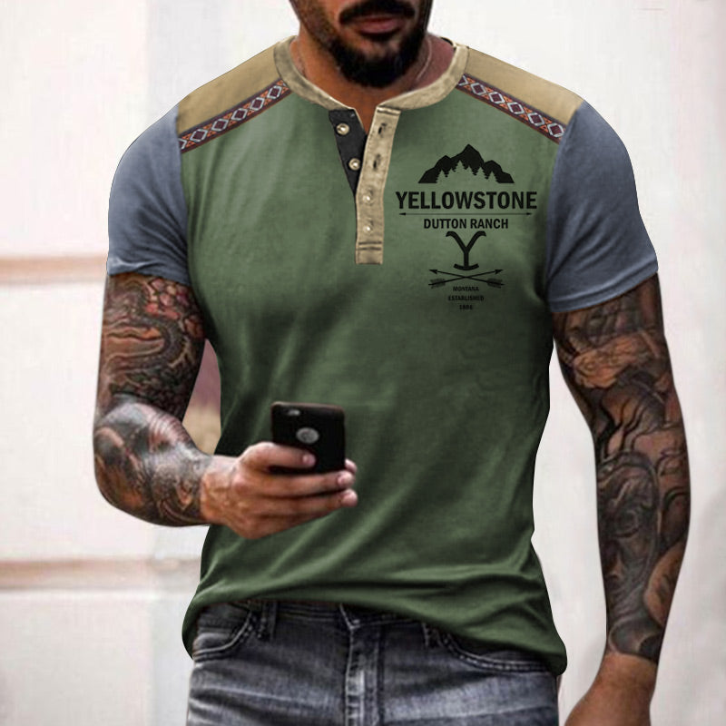 Men's Henley T-Shirt Yellowstone Ethnic Color Block Short Sleeve Summer Top